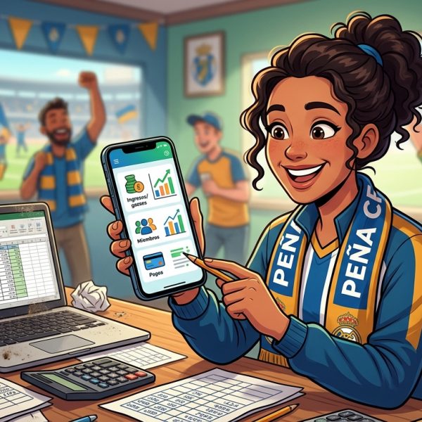 Un directivo de peña sonriendo mientras gestiona las finanzas de su equipo con una app móvil, dejando atrás pilas de papeles y un portátil con Excel.