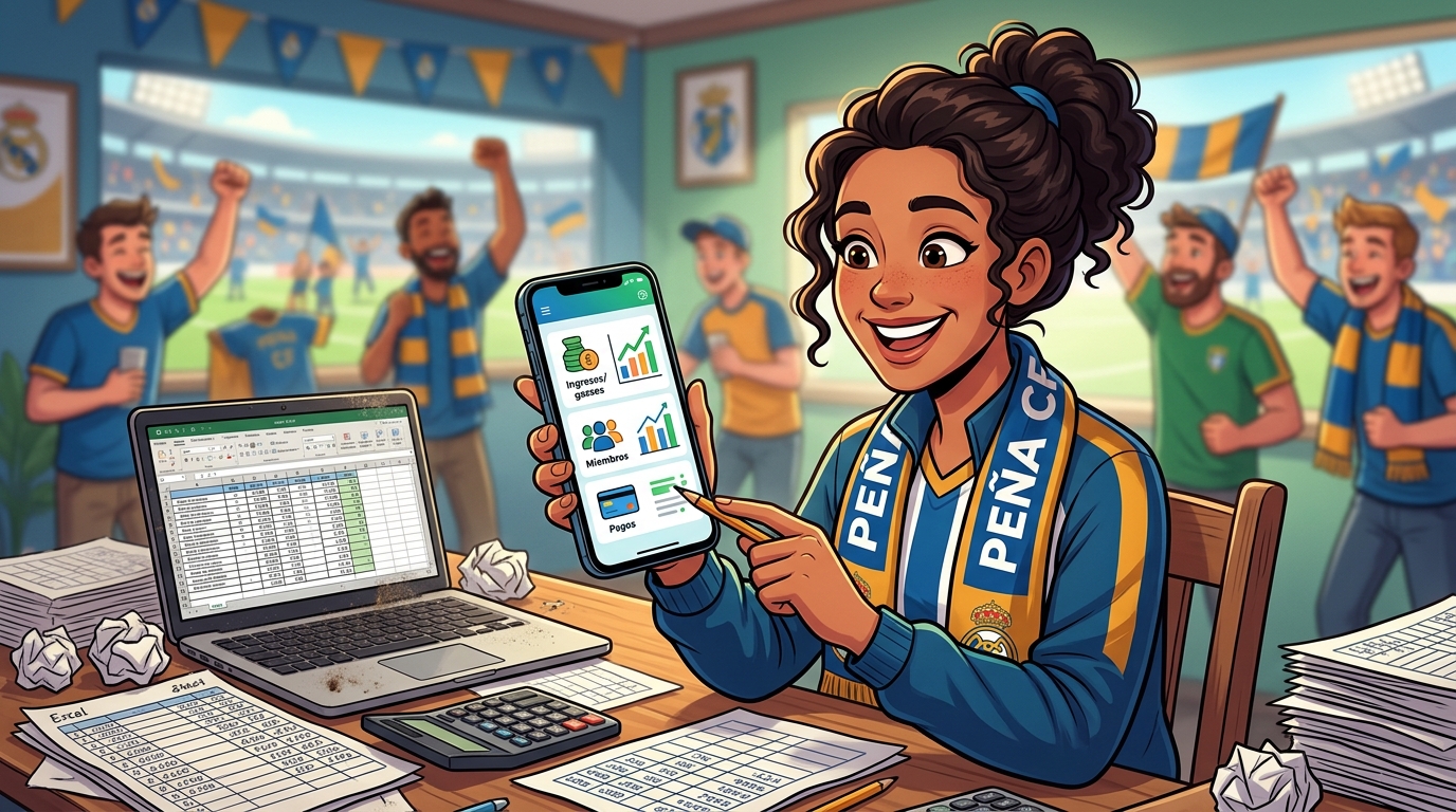 Un directivo de peña sonriendo mientras gestiona las finanzas de su equipo con una app móvil, dejando atrás pilas de papeles y un portátil con Excel.