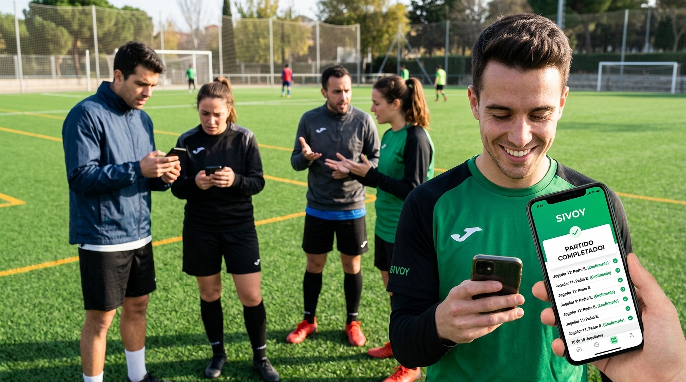 Jugadores de fútbol amateur consultando sus móviles con cara de preocupación por una baja de última hora, mientras otro jugador sonríe al encontrar un sustituto en la aplicación SIVOY.
