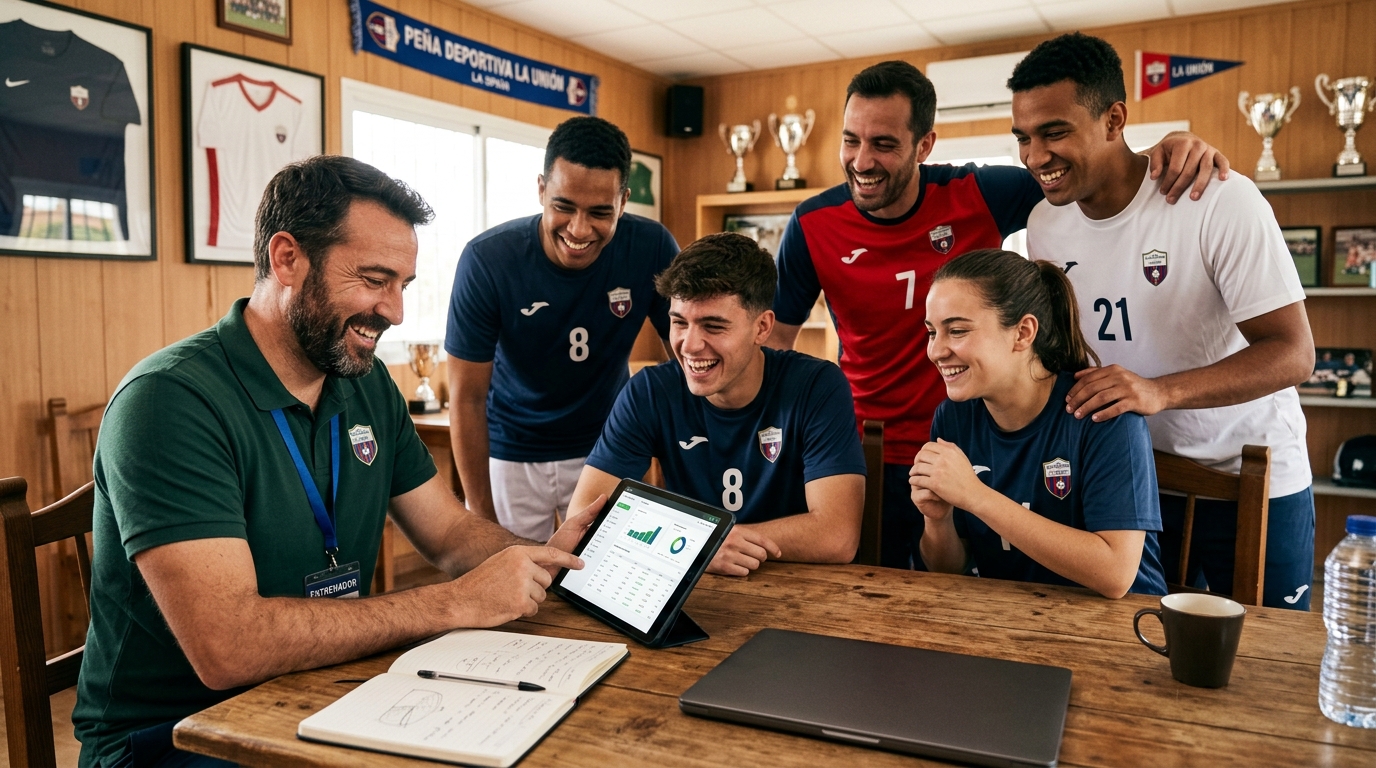 Administrador de peña de fútbol amateur revisando las finanzas en una tablet con la app SIVOY, rodeado de jugadores sonrientes.