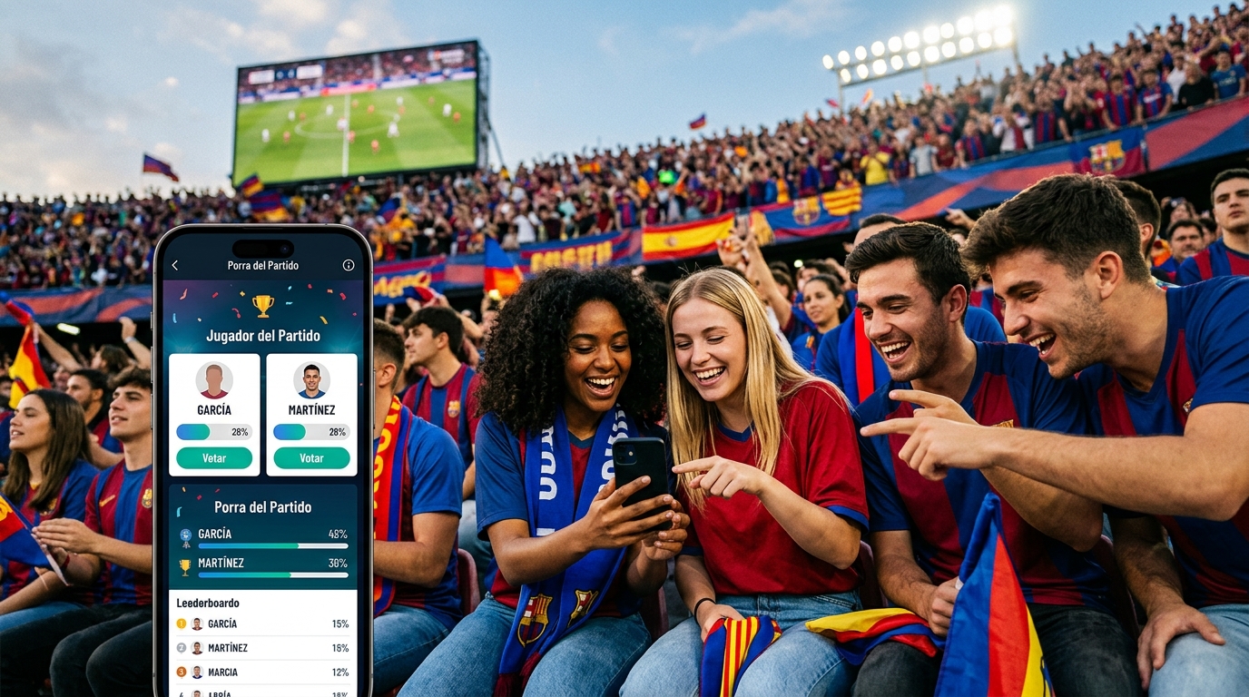 Socios de peña de fútbol participando activamente en votaciones y porras con la app Sivoy