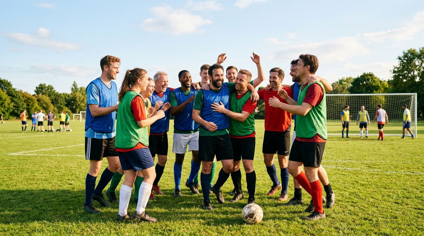 Jugadores de fútbol amateur celebrando después de un partido bien organizado con equipos equilibrados