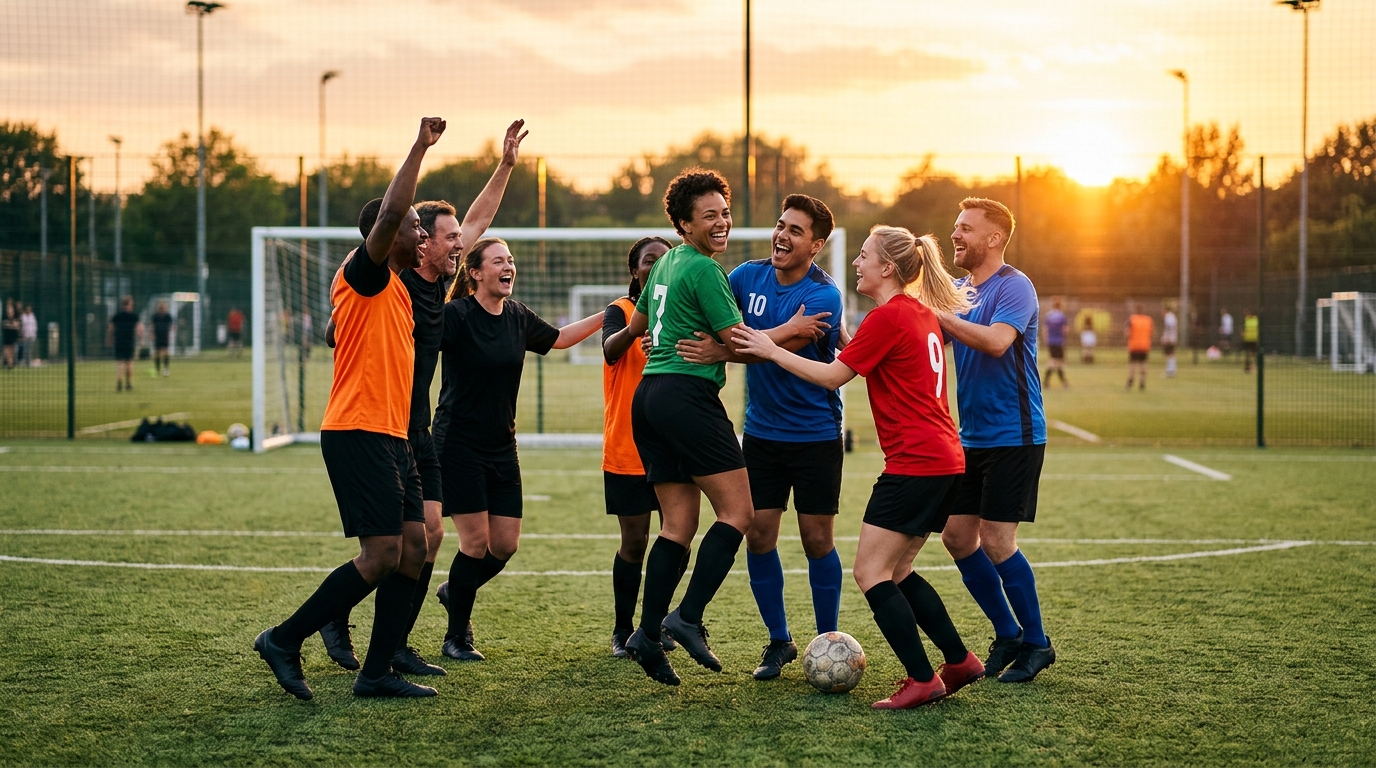 Jugadores de fútbol amateur celebrando un gol en un campo, con un enfoque en la comunidad y la alegría del deporte.