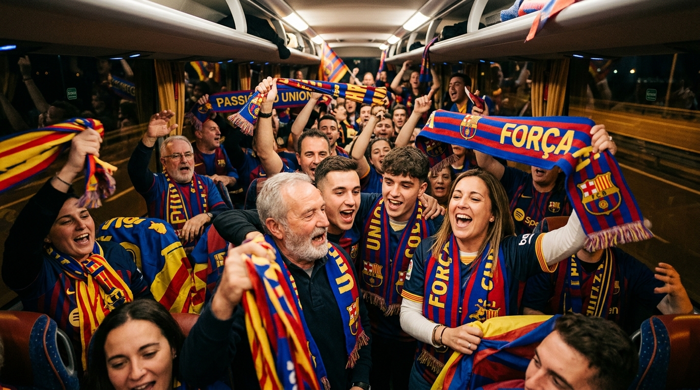 Peñistas de fútbol celebrando juntos en un desplazamiento en autobús, con banderas y bufandas del equipo, mostrando unión y alegría.