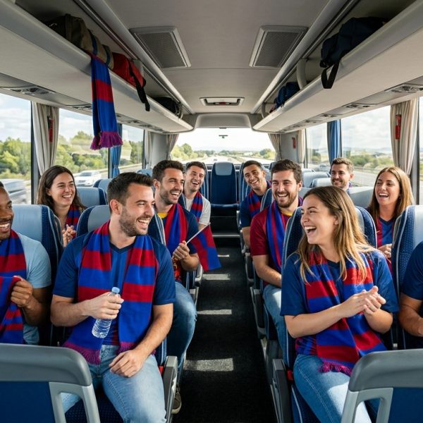 Un grupo de aficionados de fútbol con bufandas de su equipo, sonriendo y viajando en un autobús moderno, con paisajes urbanos o de carretera de fondo, simbolizando un viaje de peña.