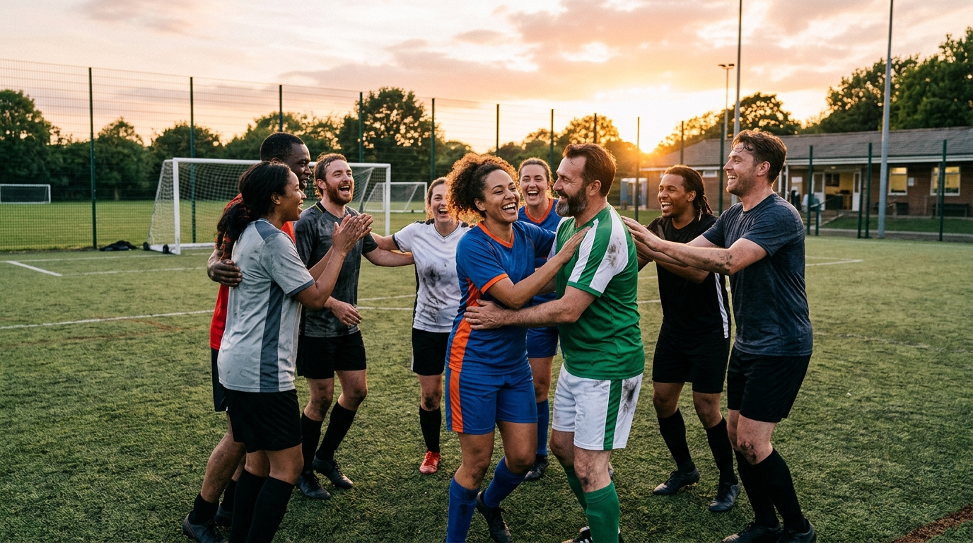 Jugadores de fútbol amateur celebrando una asistencia perfecta en un partido