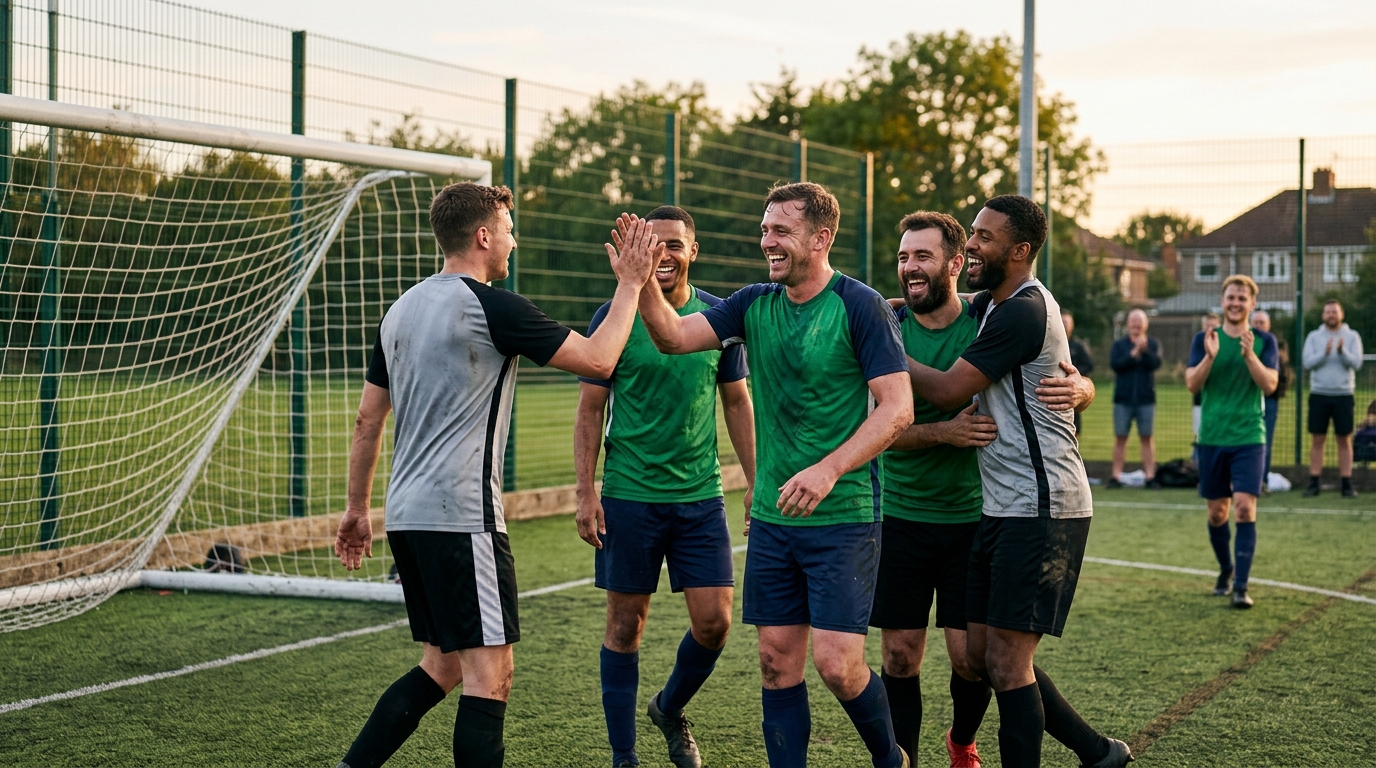 Equipo de fútbol amateur celebrando un gol, con un ambiente de confianza y alegría, simbolizando la transparencia en la gestión de la peña.