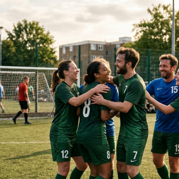 Grupo de amigos celebrando un gol en un partido de fútbol amateur, mostrando cohesión y alegría
