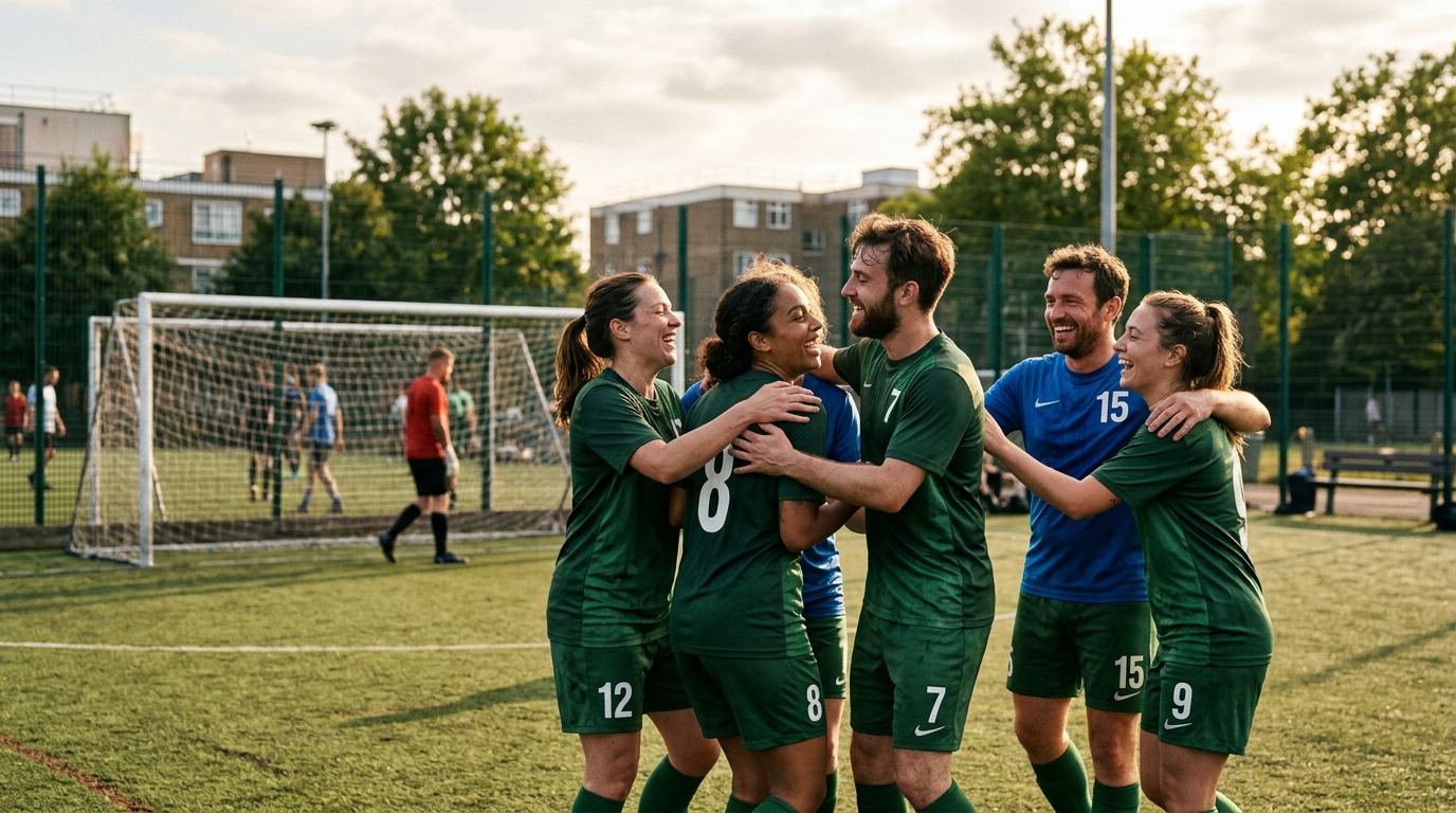 Grupo de amigos celebrando un gol en un partido de fútbol amateur, mostrando cohesión y alegría