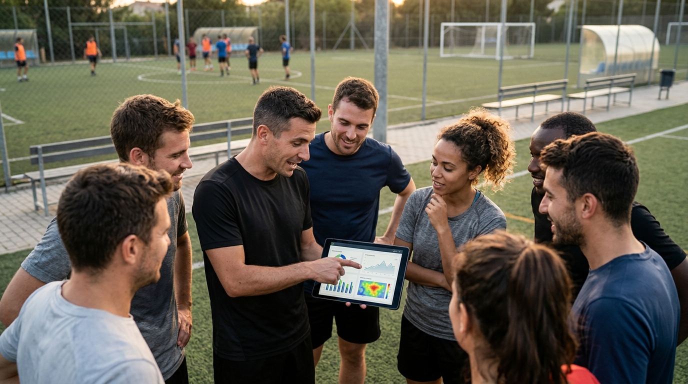 Jugadores de fútbol amateur analizando gráficos y estadísticas en un tablet, celebrando una estrategia exitosa. Ambiente de equipo y tecnología.
