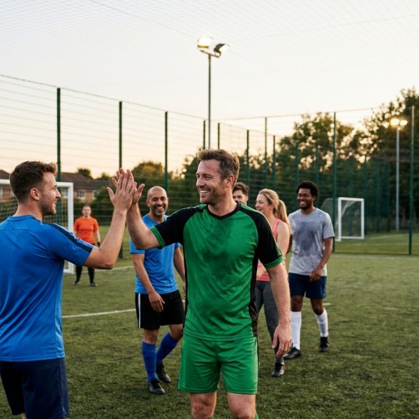 Administrador de peña de fútbol sonriendo y jugando felizmente sin preocupaciones