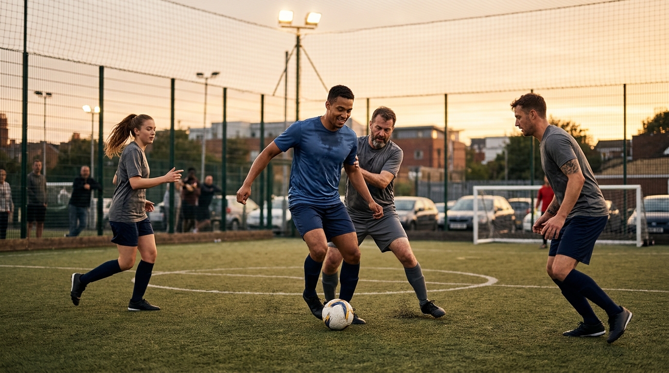 Gráfico abstracto mostrando conexiones de datos y jugadores de fútbol, simbolizando el equilibrio de equipos con ciencia de datos.