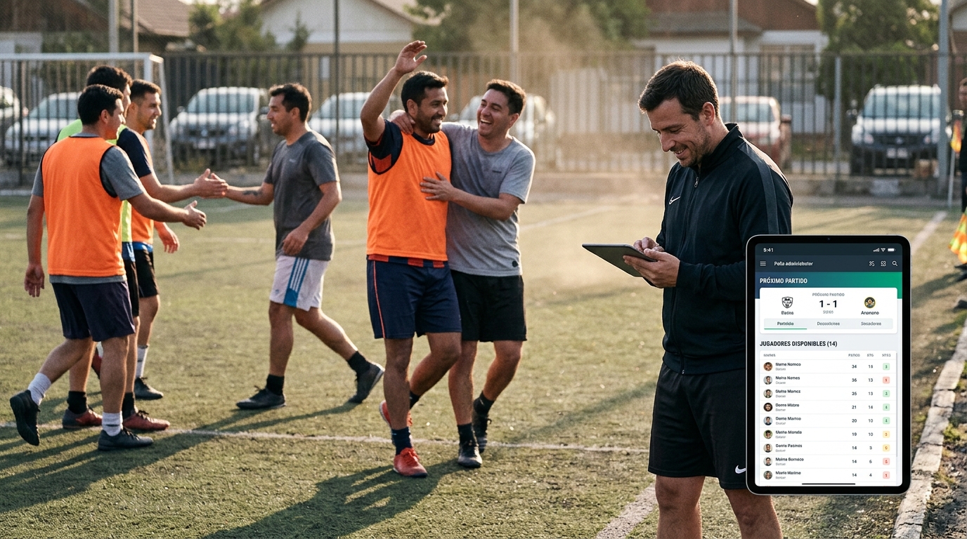 Una peña de fútbol amateur celebrando un gol, con un administrador sonriendo mientras consulta una tablet que muestra la app de SIVOY con estadísticas y la planificación del partido.