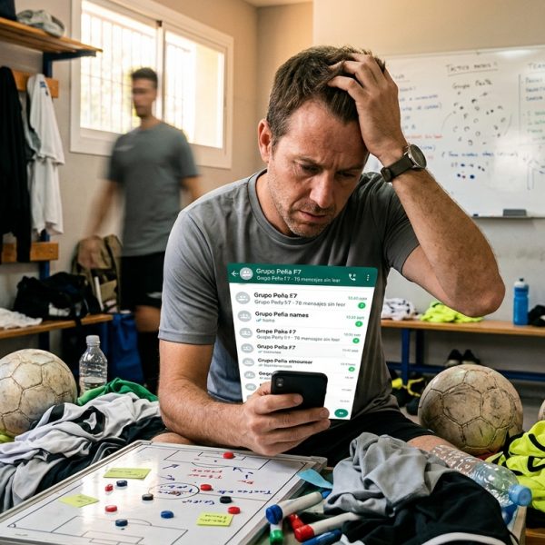 Administrador frustrado mirando el móvil con muchos mensajes en un grupo de WhatsApp mientras intenta organizar un partido de fútbol amateur.