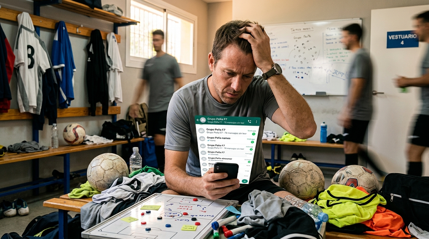 Administrador frustrado mirando el móvil con muchos mensajes en un grupo de WhatsApp mientras intenta organizar un partido de fútbol amateur.