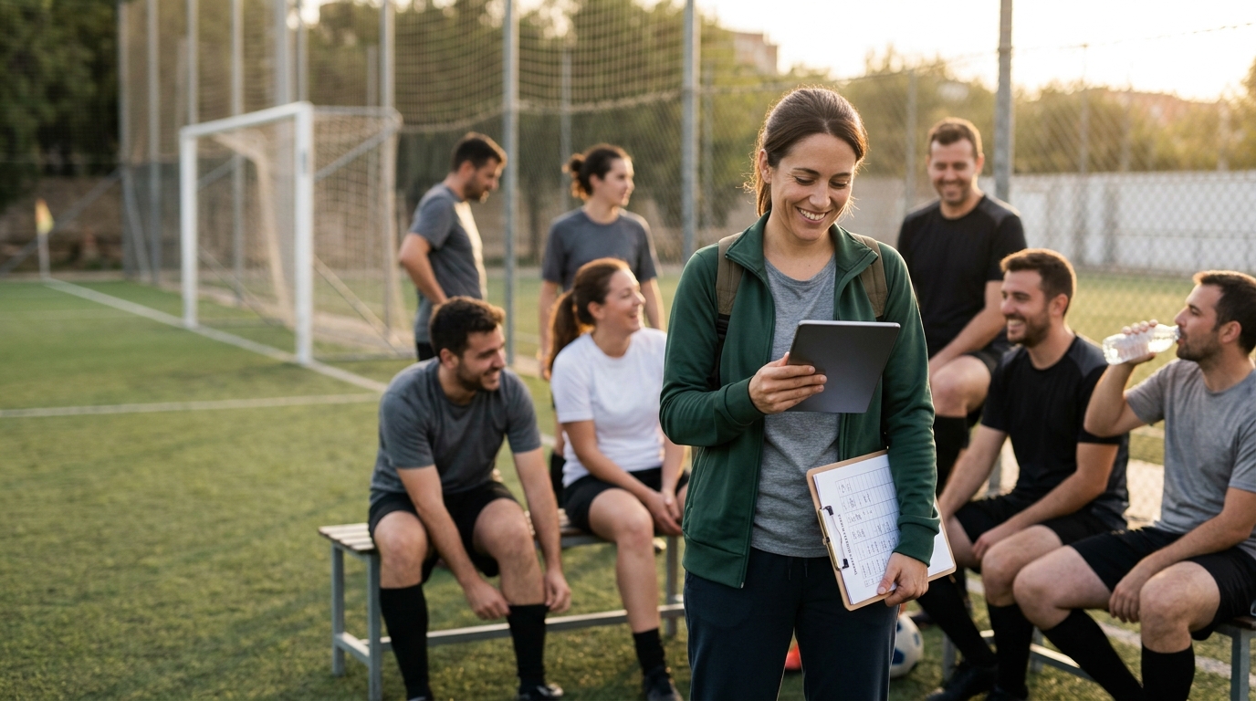 Delegado 2.0 de fútbol amateur gestionando su equipo con una tablet en un campo de fútbol, sonriendo y sin estrés.