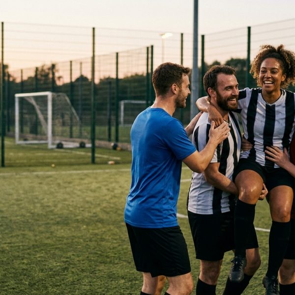 Jugadores de fútbol amateur celebrando un gol, con una interfaz de aplicación de gestión de peñas superpuesta digitalmente, mostrando estadísticas y una convocatoria organizada.