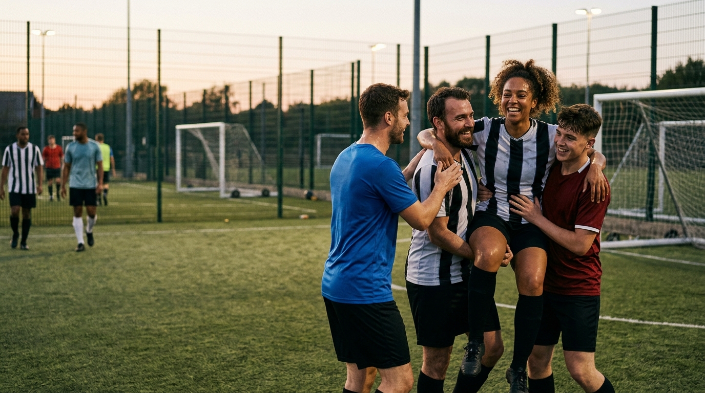 Jugadores de fútbol amateur celebrando un gol, con una interfaz de aplicación de gestión de peñas superpuesta digitalmente, mostrando estadísticas y una convocatoria organizada.