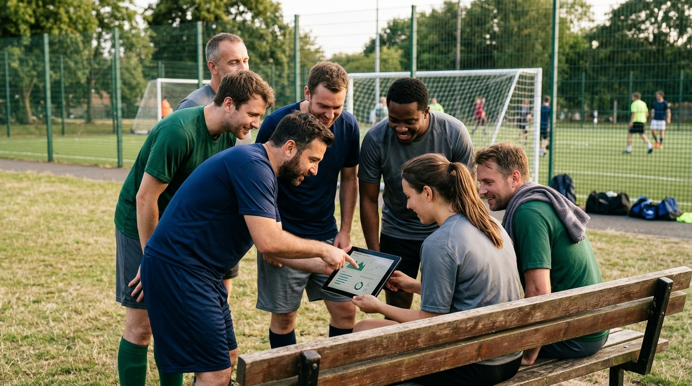 Jugadores de fútbol amateur consultando estadísticas en una tablet tras un partido