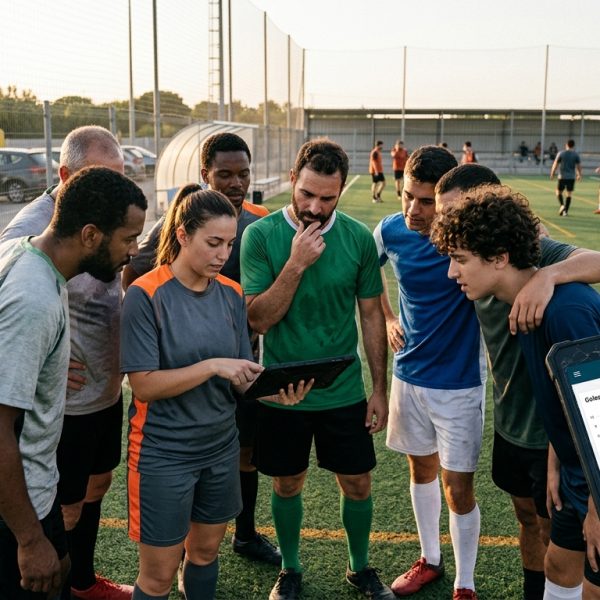Jugadores de fútbol amateur analizando gráficos y estadísticas en una tablet tras un partido, con el campo de fondo y la aplicación SIVOY en la pantalla.