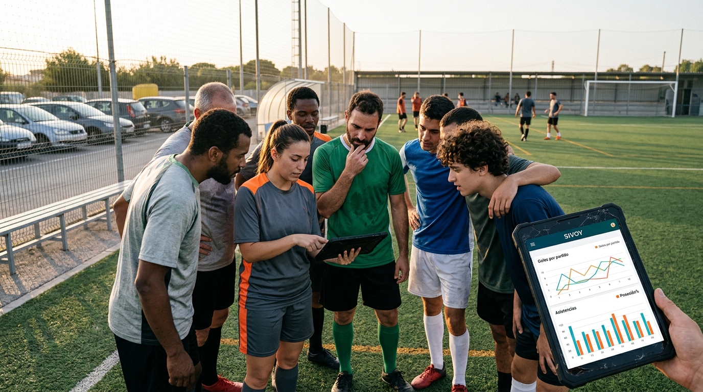 Jugadores de fútbol amateur analizando gráficos y estadísticas en una tablet tras un partido, con el campo de fondo y la aplicación SIVOY en la pantalla.
