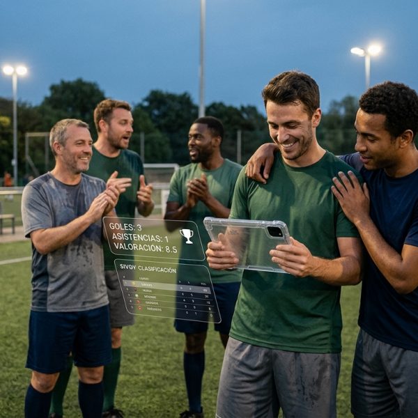 Jugadores de fútbol amateur celebrando con un tablet mostrando estadísticas, simbolizando la digitalización y la experiencia de juego mejorada.
