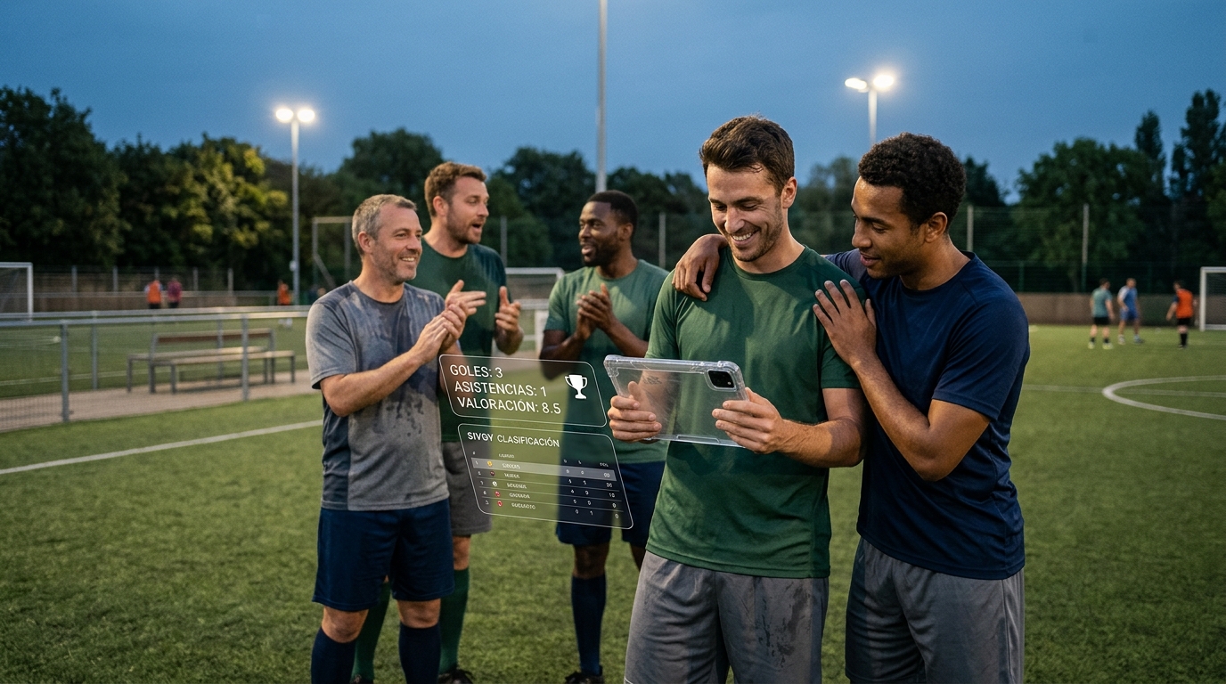 Jugadores de fútbol amateur celebrando con un tablet mostrando estadísticas, simbolizando la digitalización y la experiencia de juego mejorada.