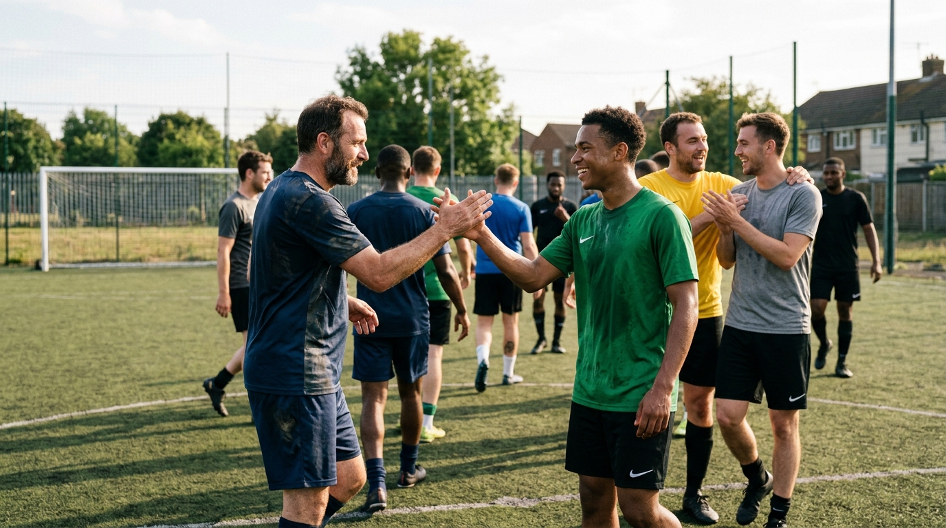Jugadores de fútbol amateur chocando las manos en el campo tras un partido, simbolizando fair play y respeto