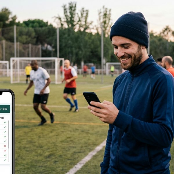 Administrador de peña de fútbol sonriendo mientras gestiona convocatorias con una app en su móvil, dejando atrás el estrés de WhatsApp.