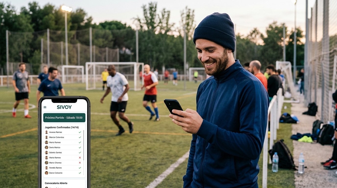 Administrador de peña de fútbol sonriendo mientras gestiona convocatorias con una app en su móvil, dejando atrás el estrés de WhatsApp.