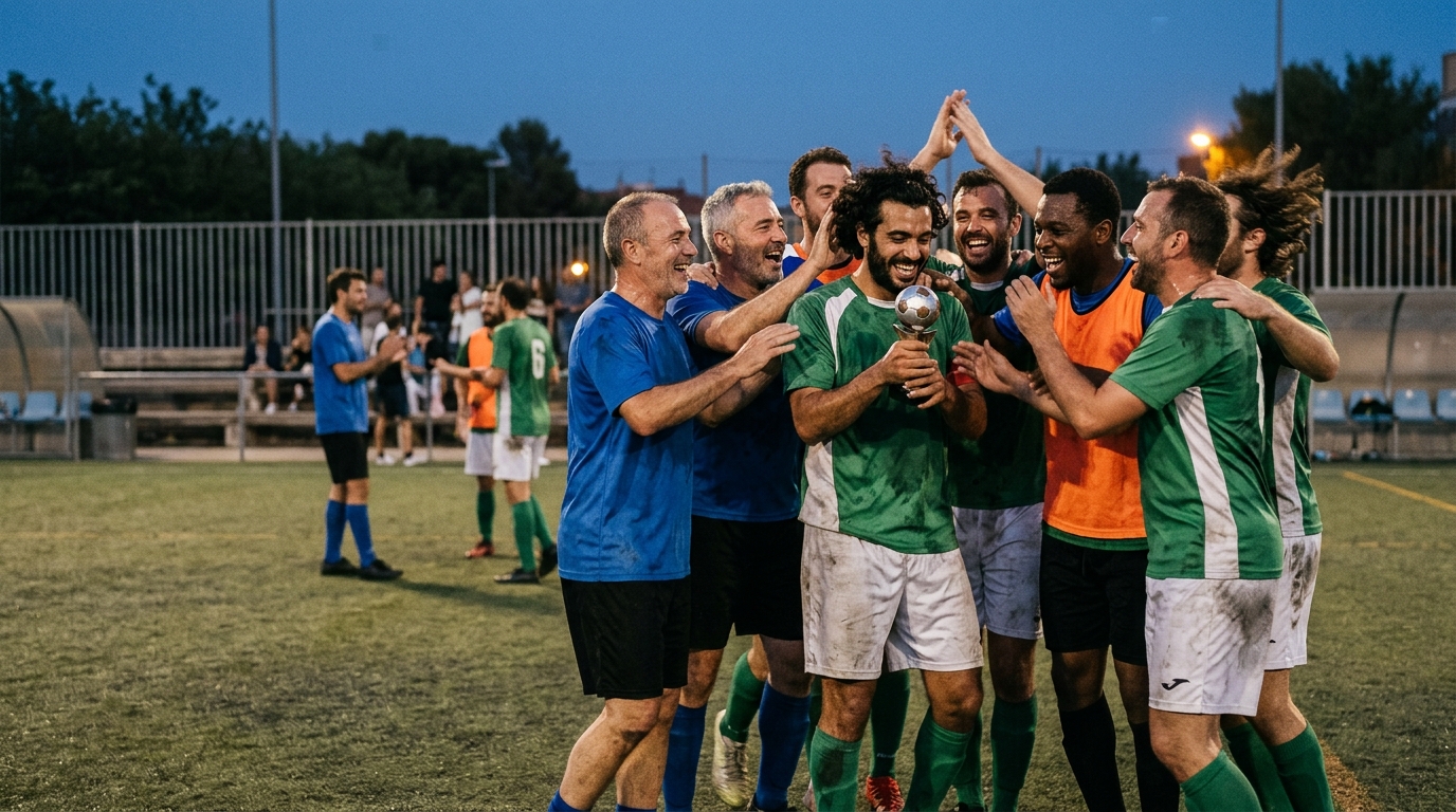 Equipo de fútbol amateur celebrando una victoria, con un historial de partidos y estadísticas digitales al fondo, mostrando su leyenda.