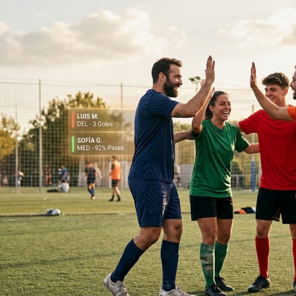 Jugadores de fútbol amateur chocando las manos en un campo, simbolizando confianza y trabajo en equipo, con elementos digitales sutiles de fondo
