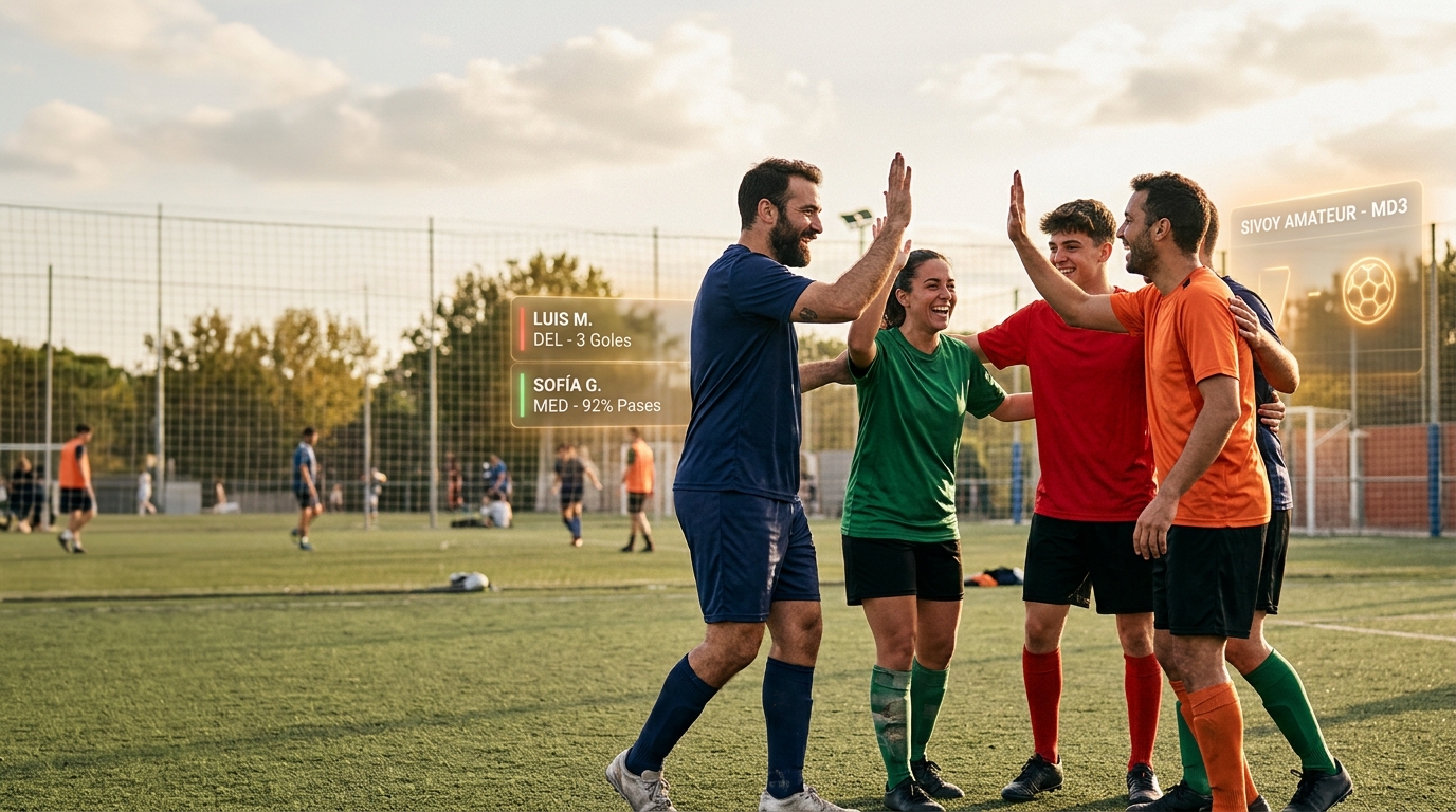 Jugadores de fútbol amateur chocando las manos en un campo, simbolizando confianza y trabajo en equipo, con elementos digitales sutiles de fondo