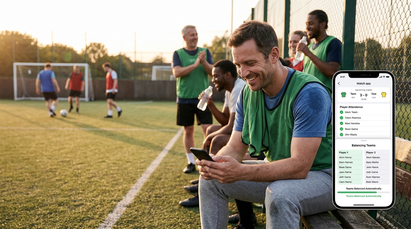 Administrador de peña de fútbol sonriendo mientras su móvil gestiona convocatorias automáticamente