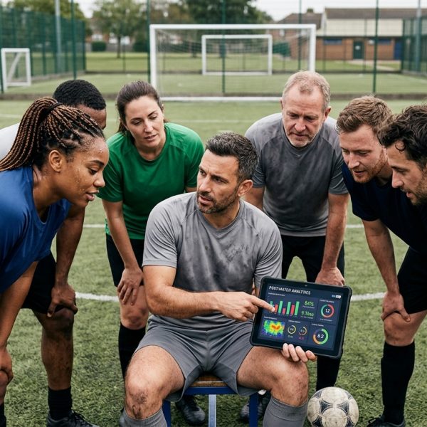Jugadores de fútbol amateur analizando gráficos y estadísticas en una tablet después de un partido, con caras de concentración y un balón en primer plano.