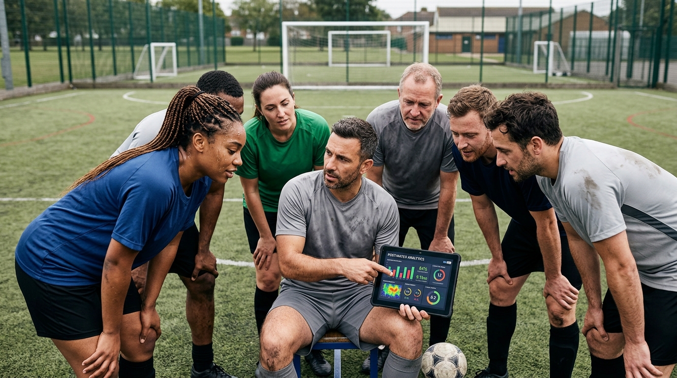 Jugadores de fútbol amateur analizando gráficos y estadísticas en una tablet después de un partido, con caras de concentración y un balón en primer plano.