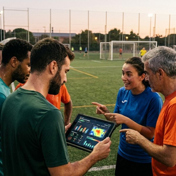 Gráfico de estadísticas de fútbol amateur con jugadores analizando datos en una tablet.