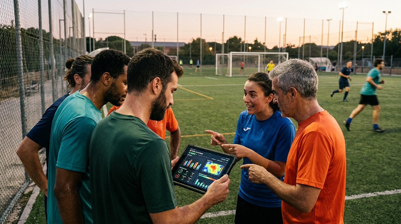 Gráfico de estadísticas de fútbol amateur con jugadores analizando datos en una tablet.