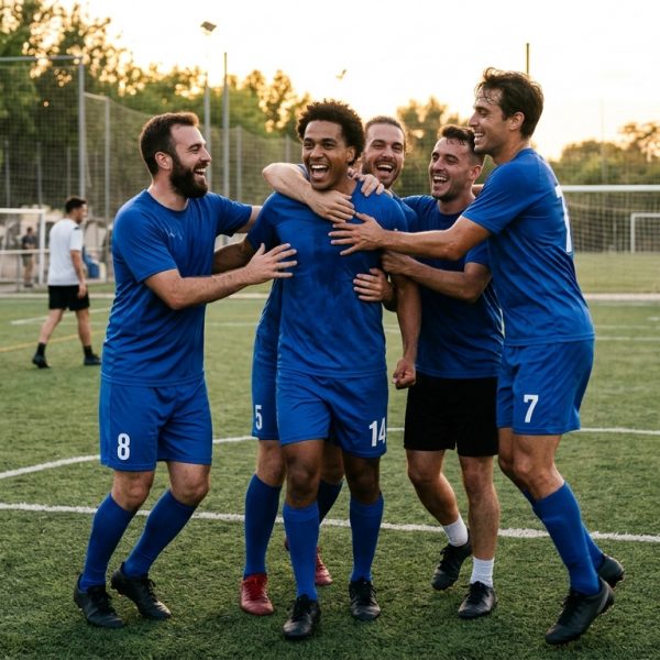 Equipo de fútbol amateur celebrando un gol, mostrando alegría y unidad.