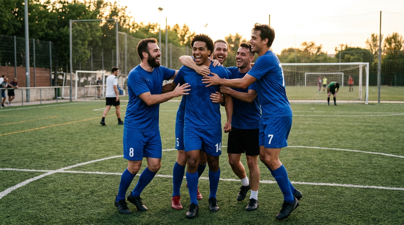 Equipo de fútbol amateur celebrando un gol, mostrando alegría y unidad.