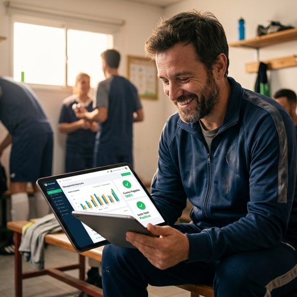 Administrador de peña de fútbol sonriendo mientras revisa los pagos de su equipo en una tablet con la app de SIVOY, mostrando una tesorería organizada y sin impagos.