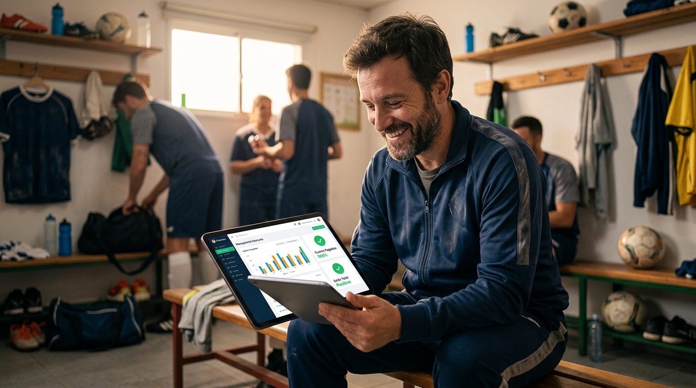 Administrador de peña de fútbol sonriendo mientras revisa los pagos de su equipo en una tablet con la app de SIVOY, mostrando una tesorería organizada y sin impagos.
