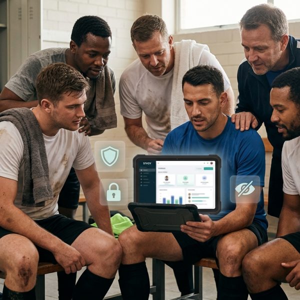 Jugadores de fútbol amateur usando una tablet para gestionar su peña de forma segura, con iconos de seguridad y privacidad superpuestos.