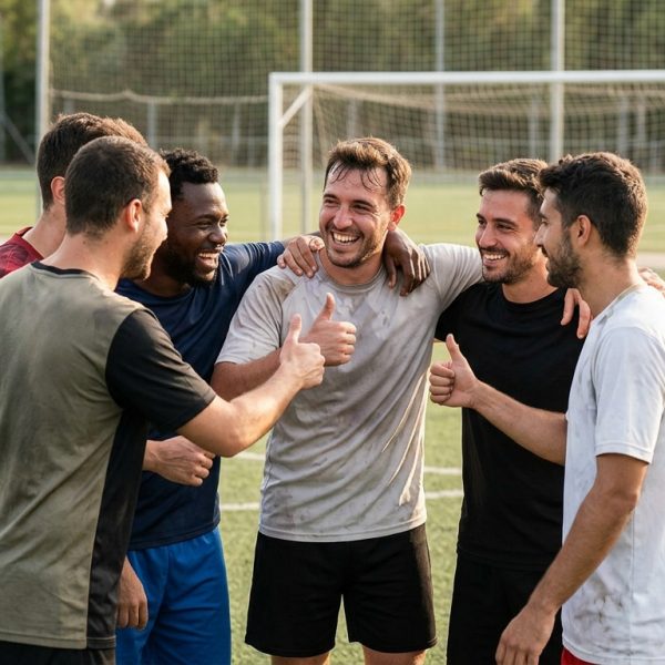 Grupo de amigos celebrando un gol en un partido de fútbol amateur, sonriendo y con el pulgar hacia arriba, simbolizando una peña unida y feliz gracias a una buena comunicación.