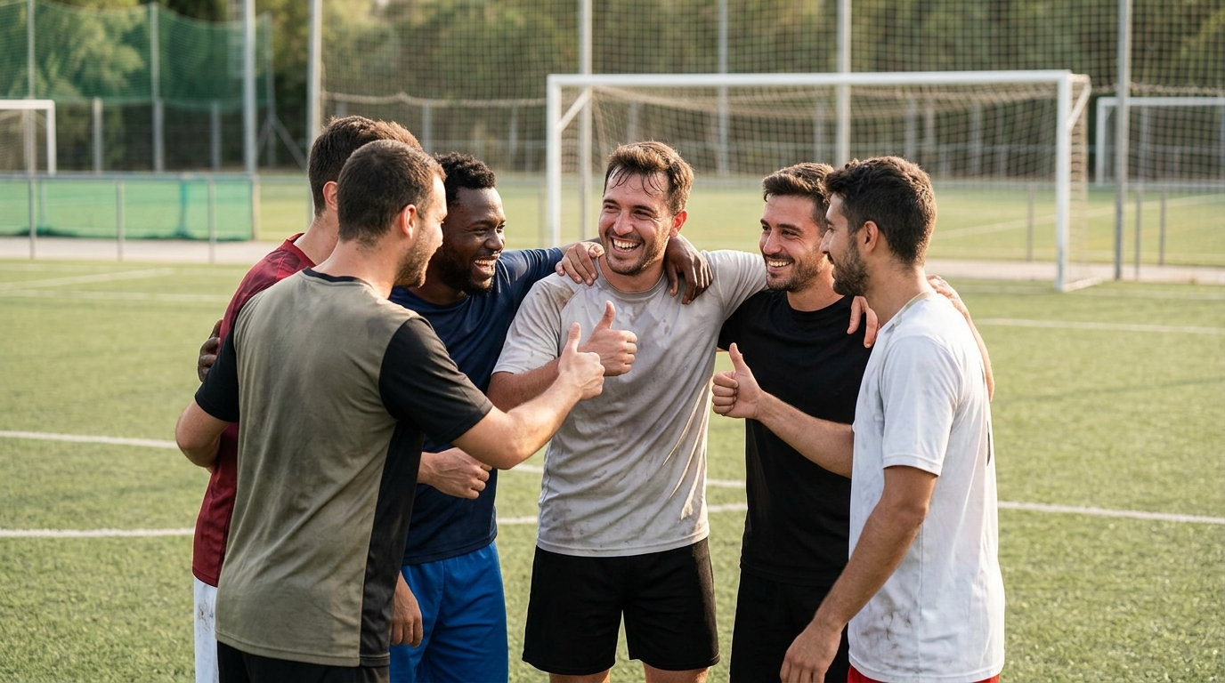 Grupo de amigos celebrando un gol en un partido de fútbol amateur, sonriendo y con el pulgar hacia arriba, simbolizando una peña unida y feliz gracias a una buena comunicación.