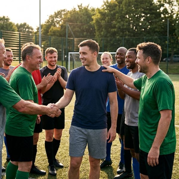Jugadores de fútbol amateur dándose la bienvenida en el campo, sonriendo y estrechándose la mano, con un ambiente de camaradería y unidad.