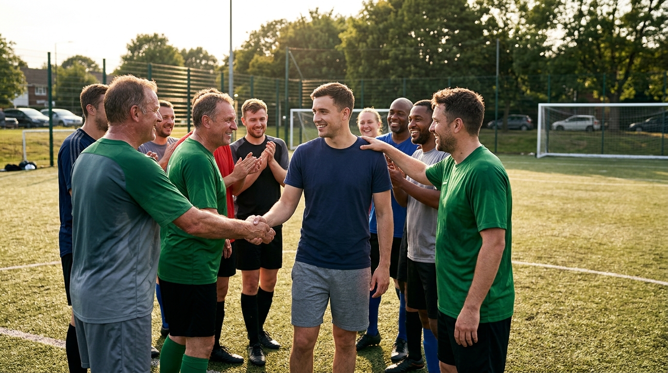 Jugadores de fútbol amateur dándose la bienvenida en el campo, sonriendo y estrechándose la mano, con un ambiente de camaradería y unidad.