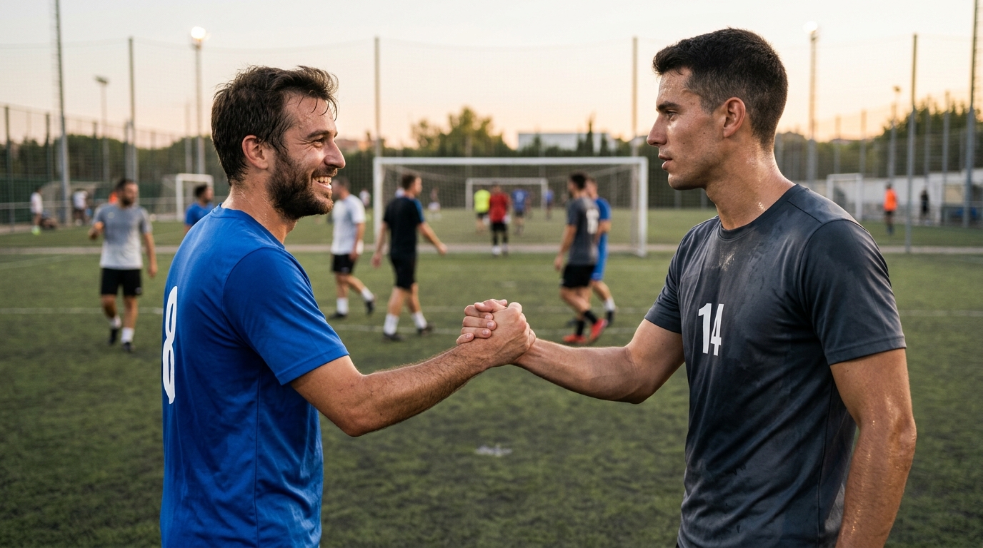 Jugadores de fútbol amateur dándose la mano en el campo, simbolizando unidad y fair play tras un partido, con un aura de análisis y mejora.
