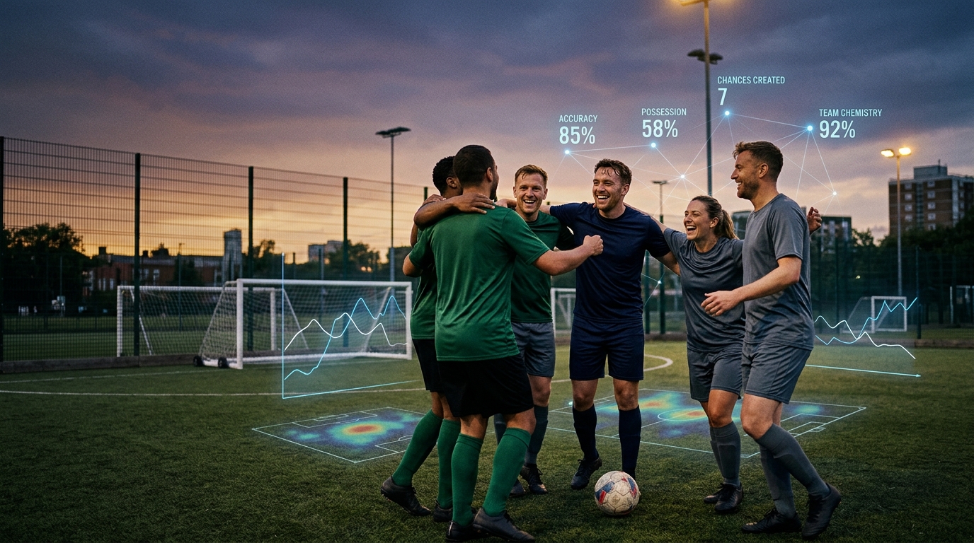 Jugadores de fútbol amateur celebrando un gol, con elementos gráficos de análisis de datos superpuestos