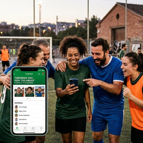 Grupo de jugadores de fútbol amateur celebrando un gol y usando una aplicación de móvil para coordinarse